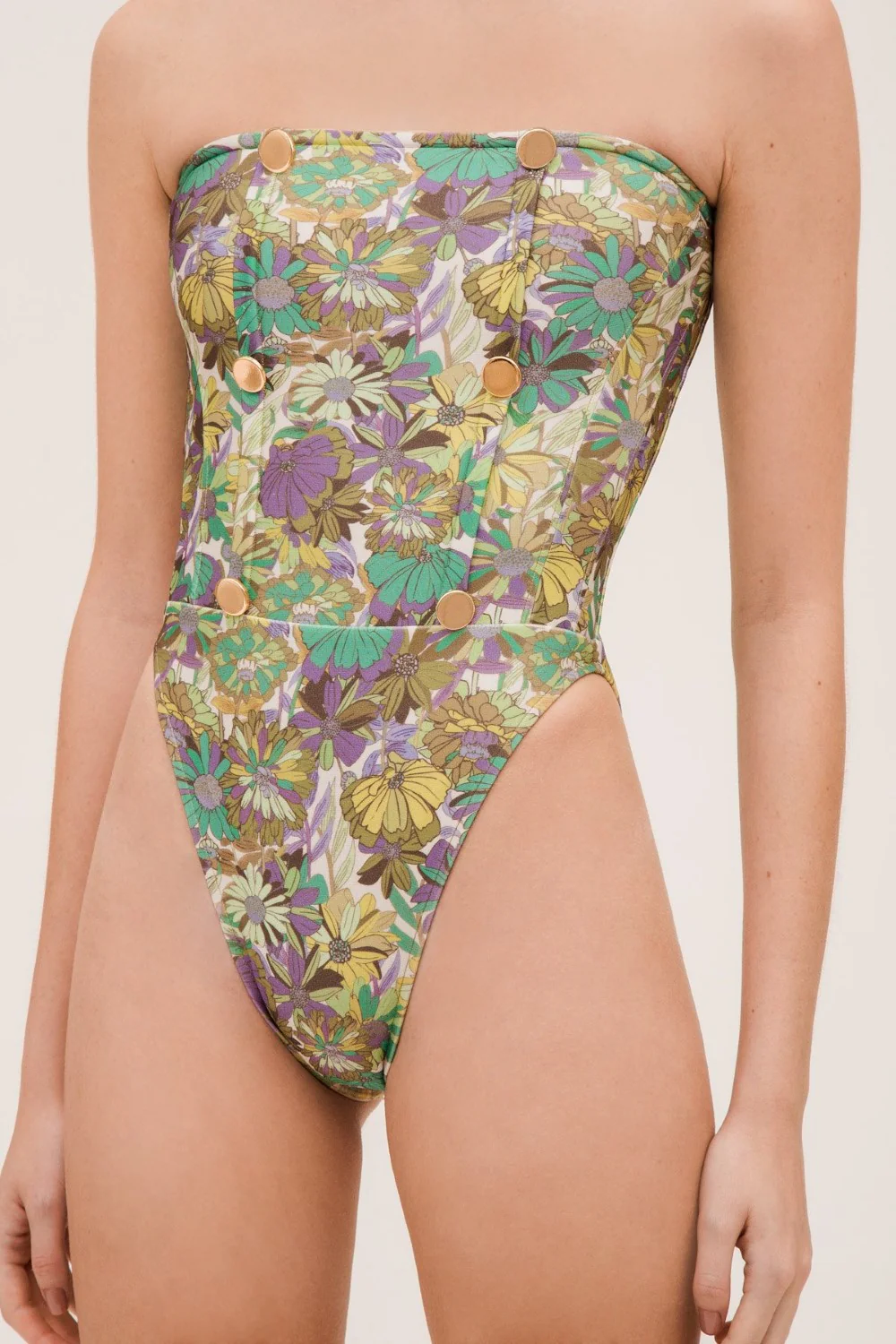 Flower Bloom High-leg Strapless Swimsuit With Buttons - Image 3
