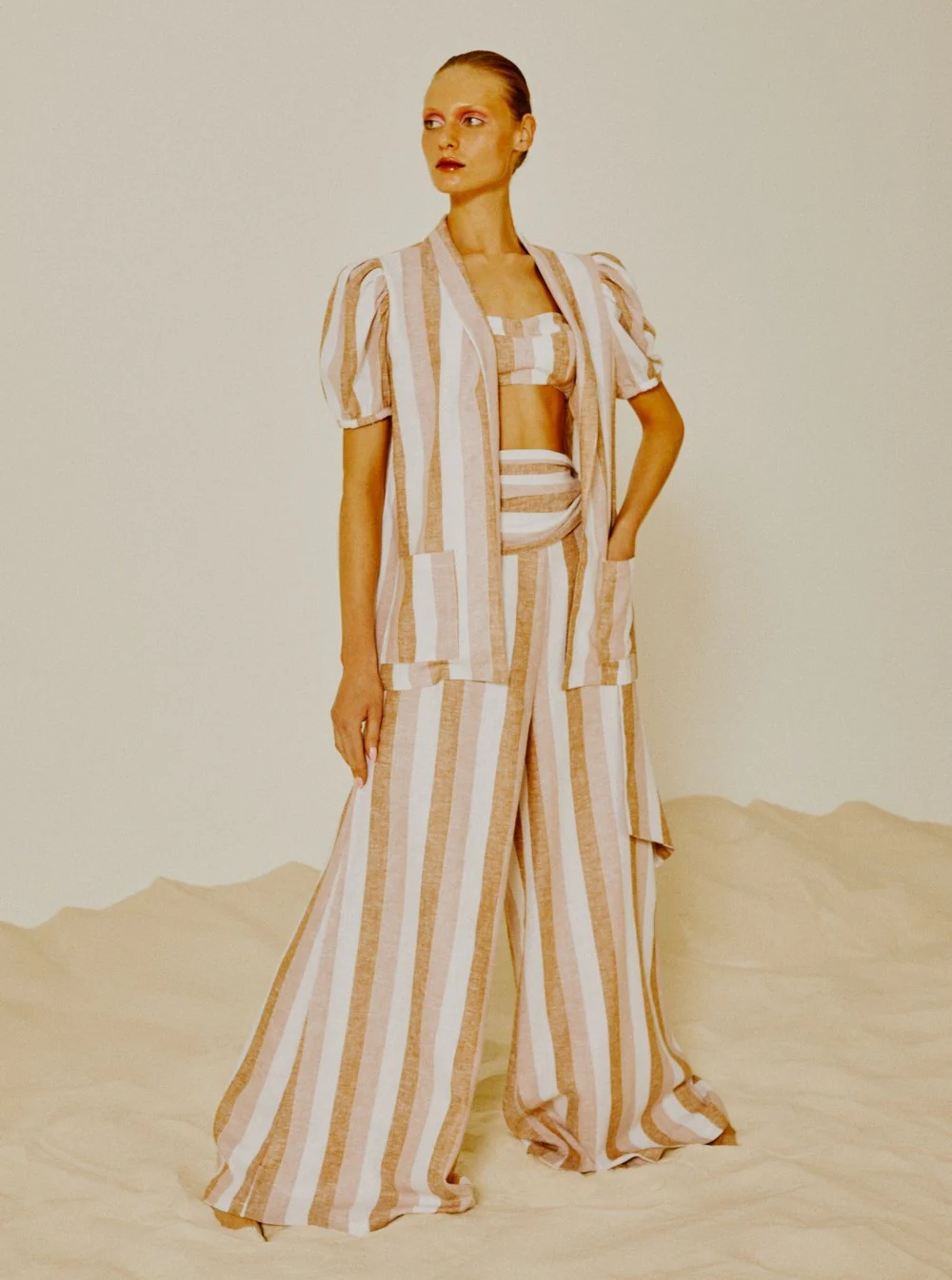 Porto Striped Wide Pants with Sash - Image 4
