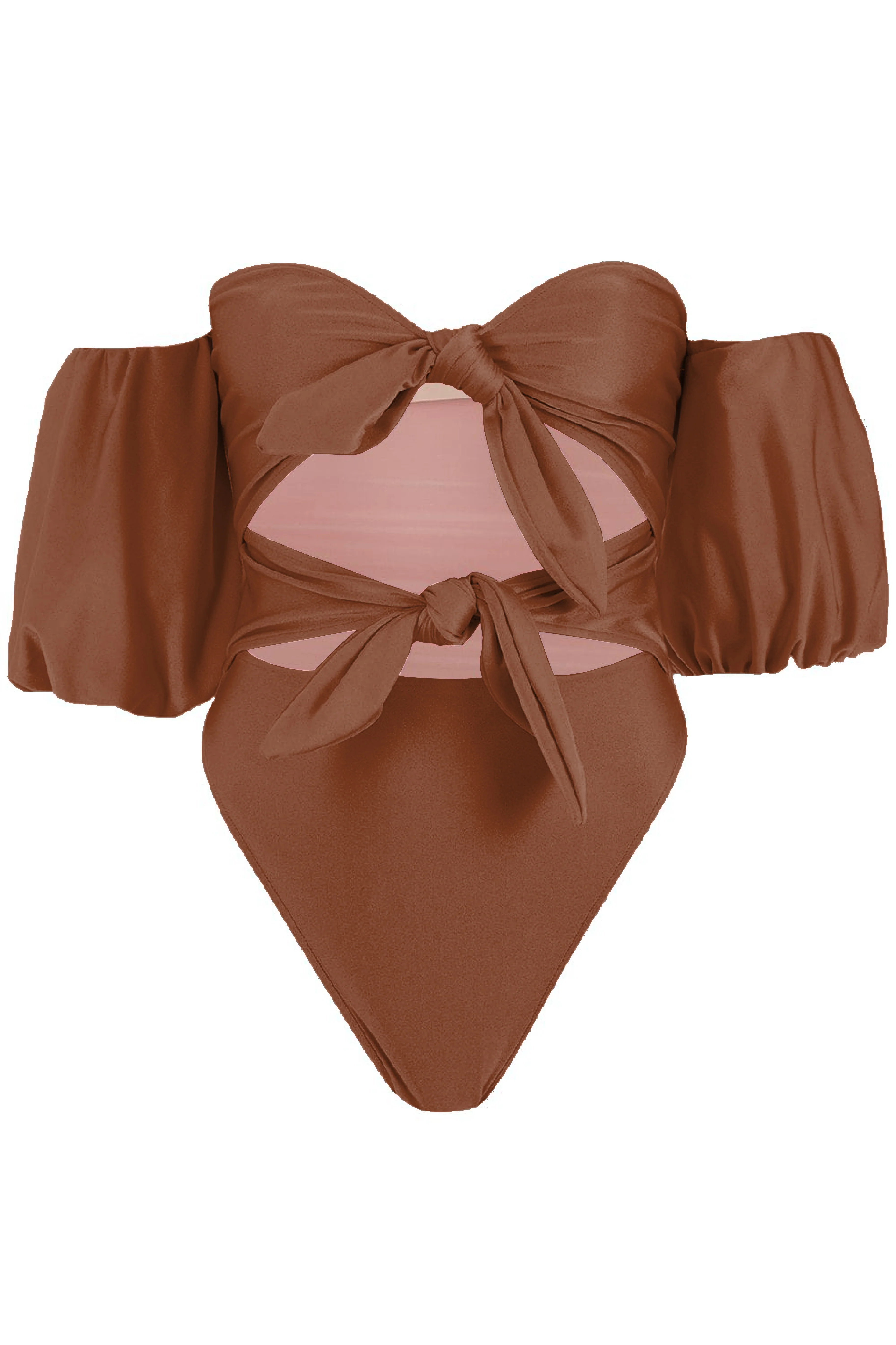 Solid Carre Vintage Puff-Sleeved Swimsuit With Double Knot - Image 4