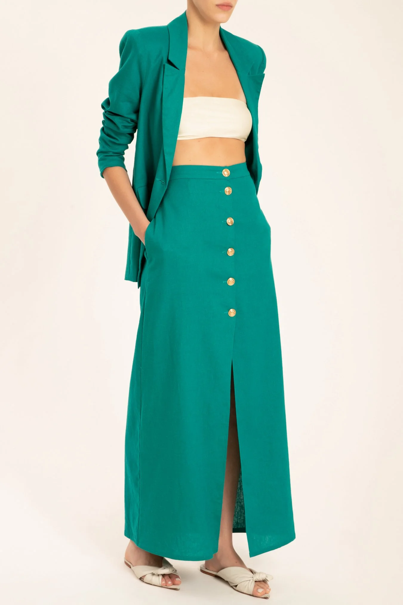 Solid Long Buttoned Skirt With Front Slit - Image 4
