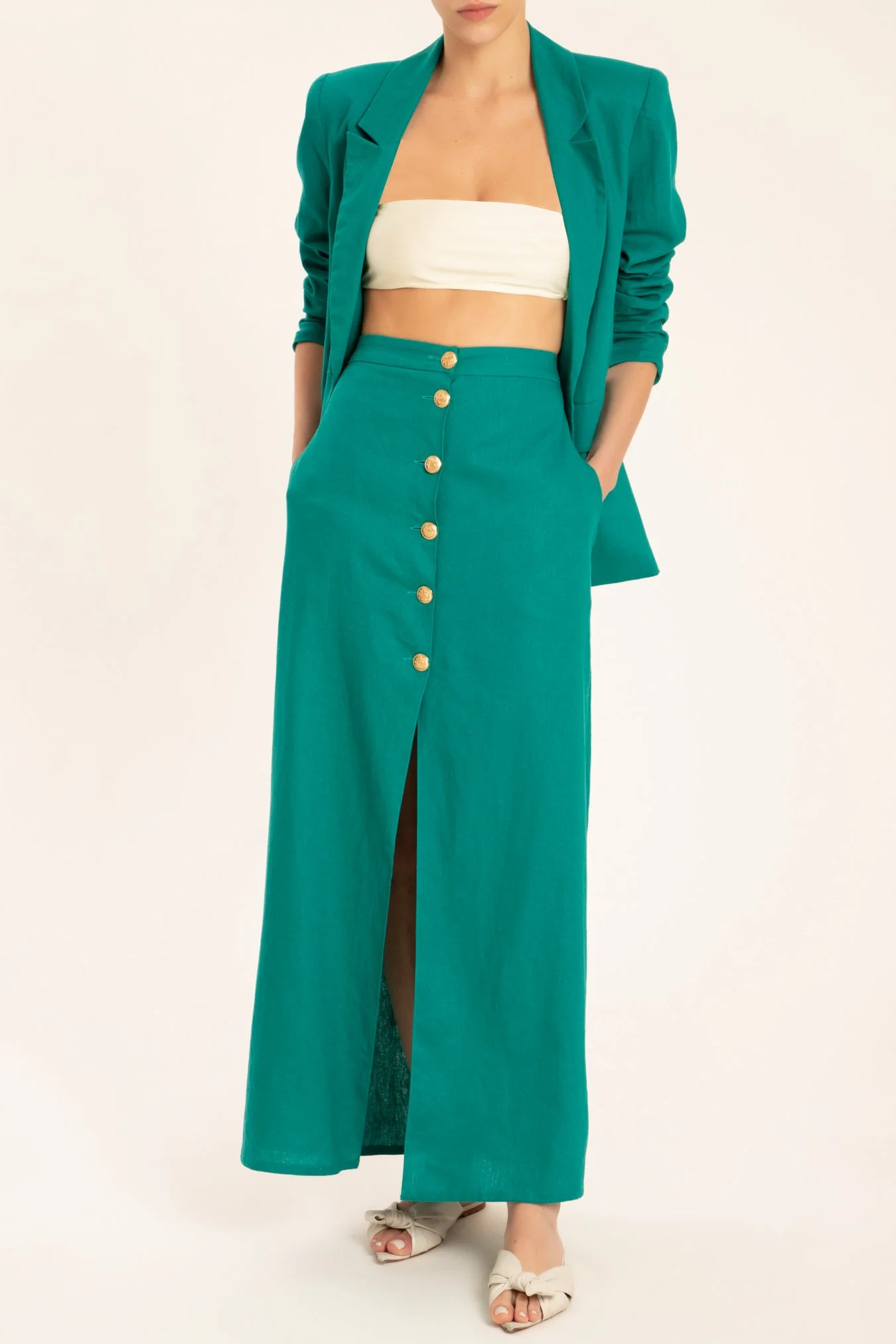 Solid Long Buttoned Skirt With Front Slit - Image 5
