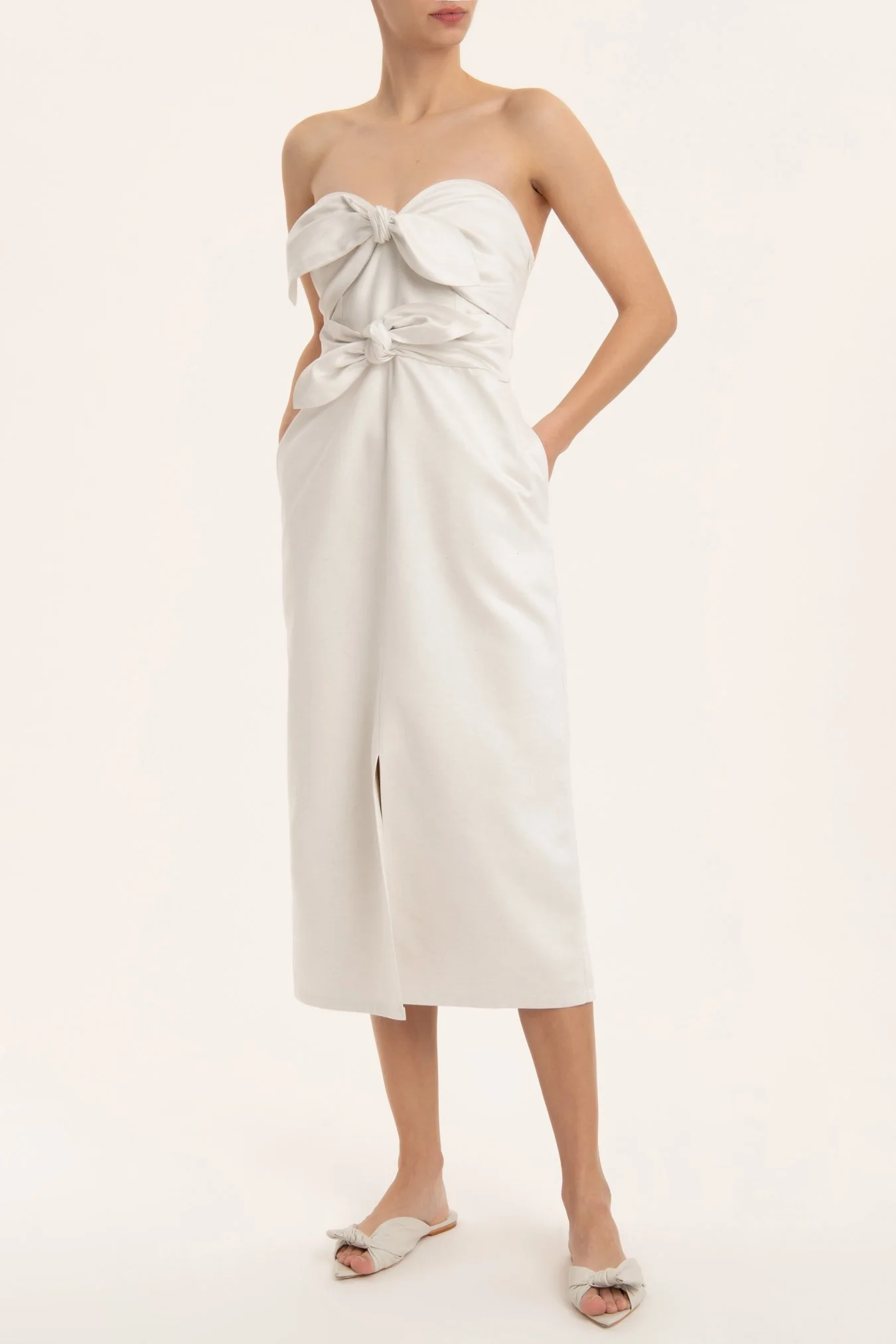 Solid Strapless Midi Dress With Double Knot - Image 3